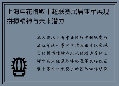 上海申花惜败中超联赛屈居亚军展现拼搏精神与未来潜力